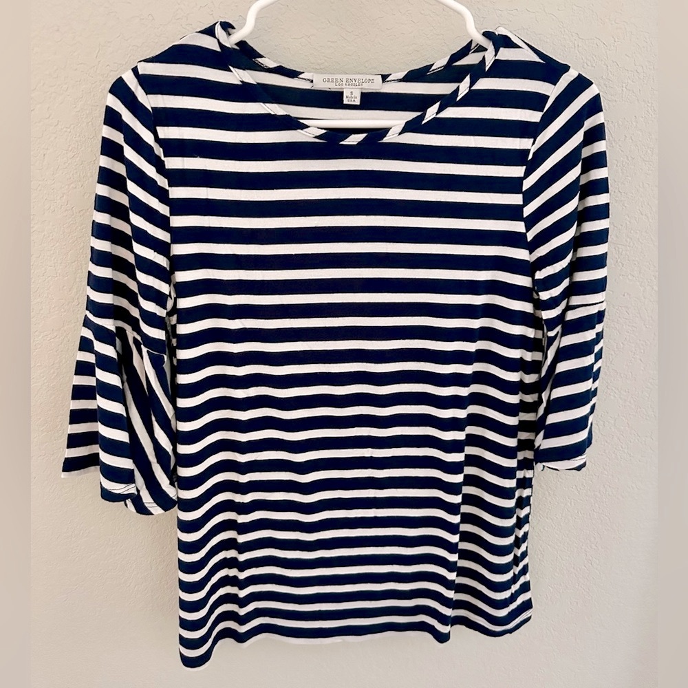 Green Envelope Navy and White Striped Bell Sleeve Top